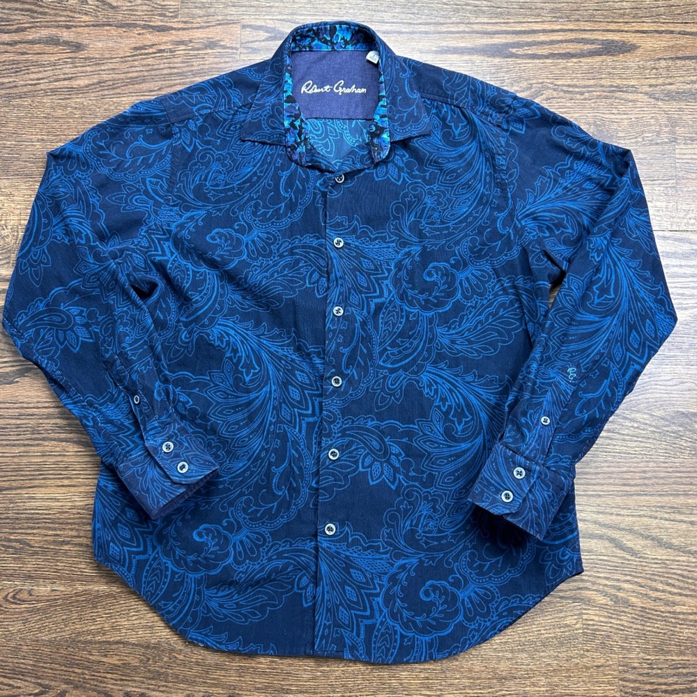 Robert Graham Mens Large Shirt Classic Fit Blue Paisley Long Sleeve Button Down